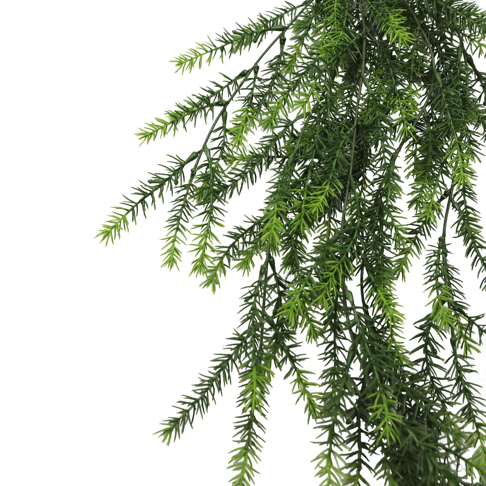 Artificial cedar vine garland hanging bush by Designer Plants USA, UV resistant, fire-rated NFPA701, measures 7.8x30 inches.