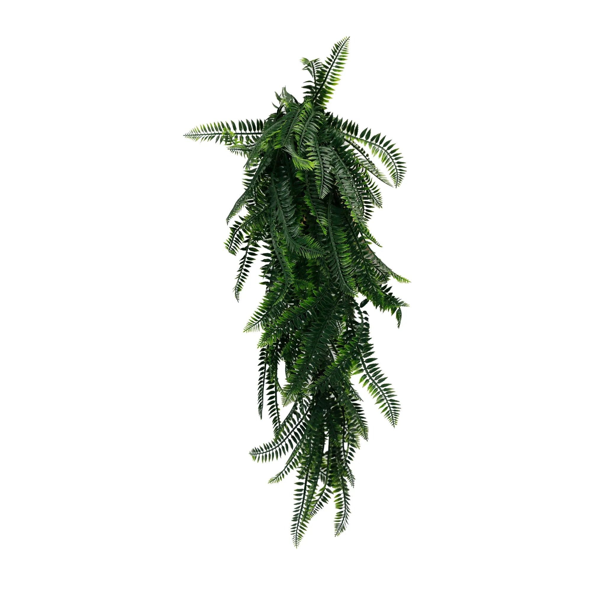 Artificial Boston Fern garland by Designer Plants USA, UV resistant, fire-rated, hanging bush, 10.6x33 inches, realistic foliage.