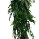 Artificial Boston Fern Garland hanging bush from Designer Plants USA, UV resistant, fire-rated, measures 10.6×33 inches, realistic foliage.