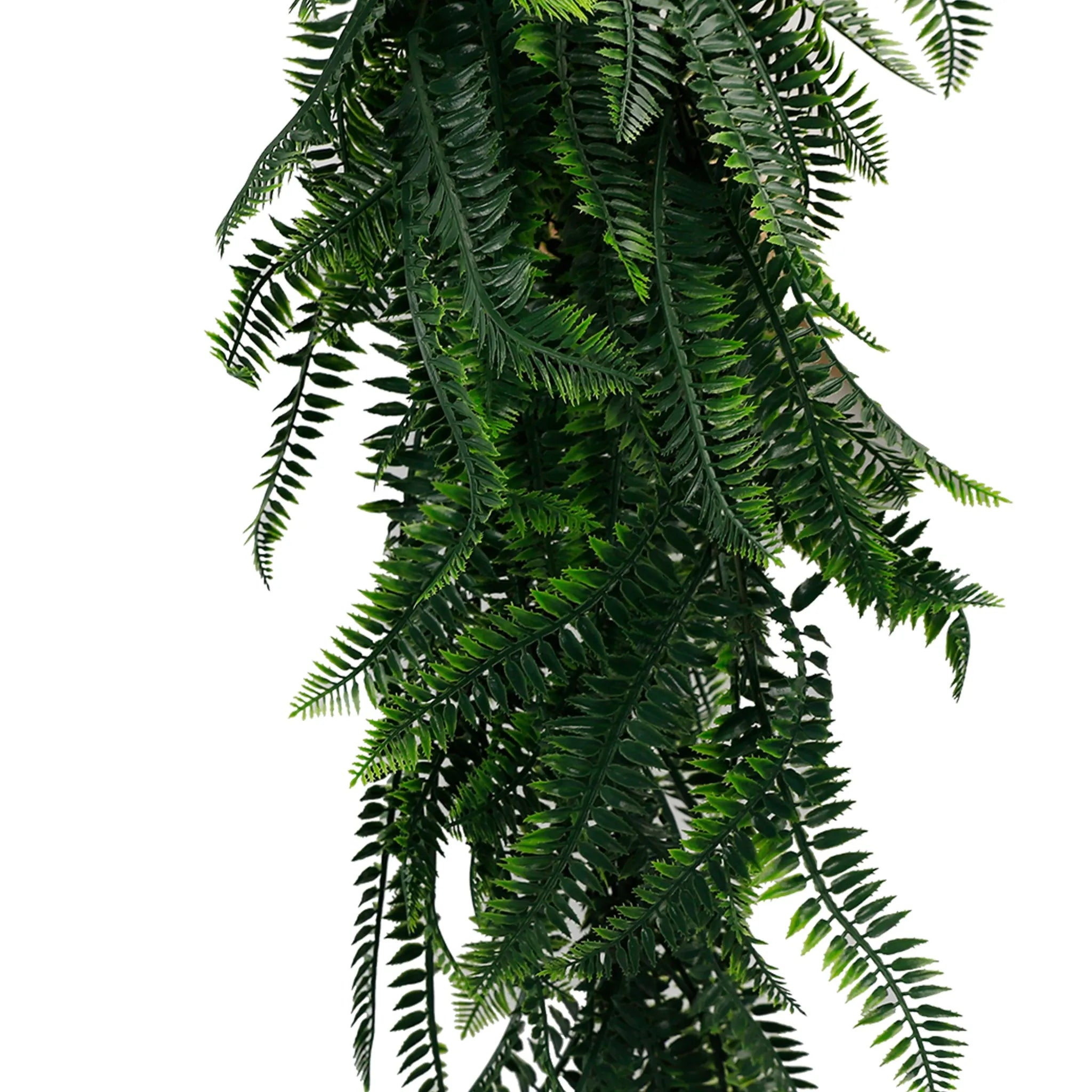 Artificial Boston Fern Garland hanging bush from Designer Plants USA, UV resistant, fire-rated, measures 10.6×33 inches, realistic foliage.