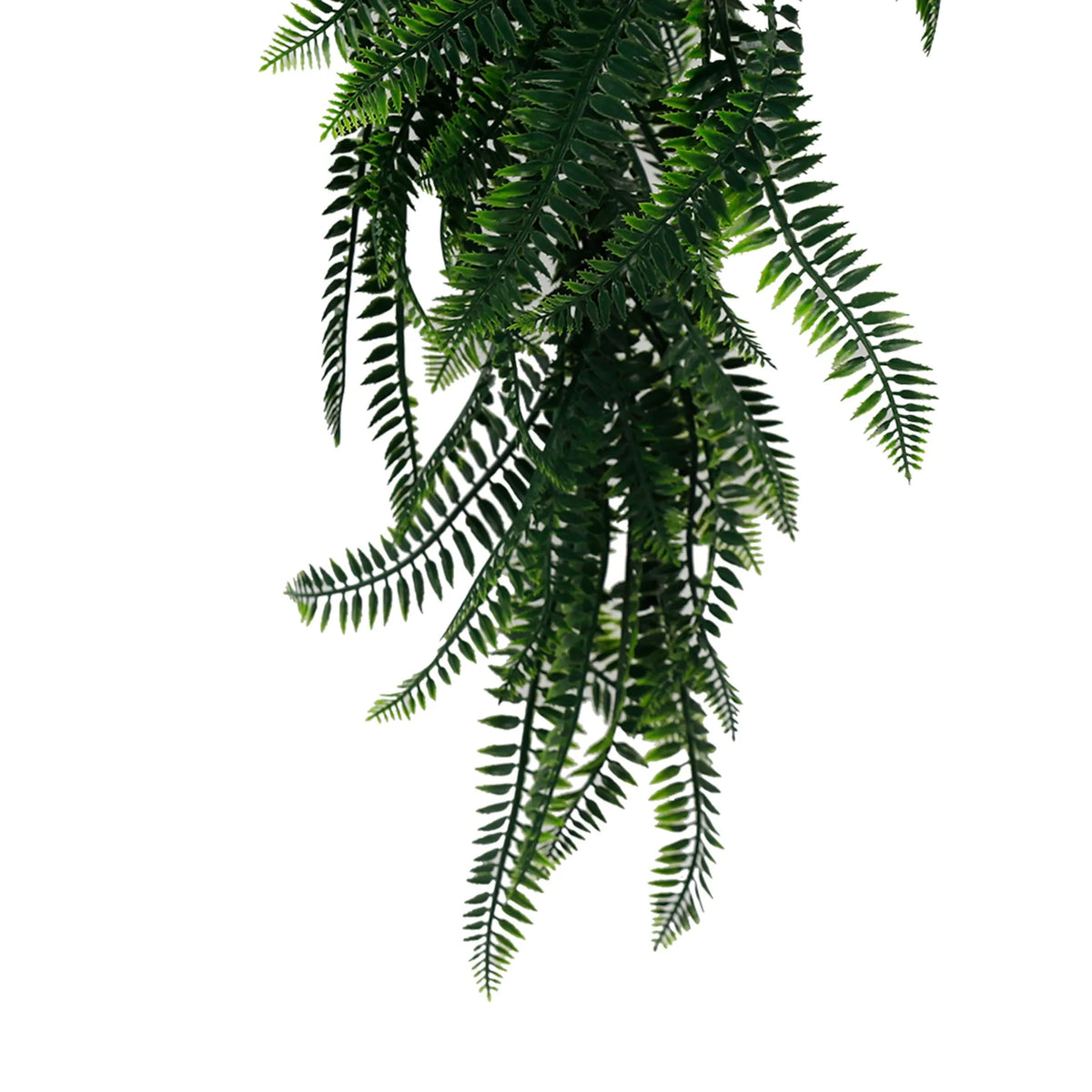 Artificial Boston Fern garland hanging bush by Designer Plants USA, UV resistant, fire-rated, 10.6x33 inches, lush green foliage.