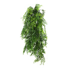 Artificial dense tropical fern hanging plant, 30 inches tall, UV resistant, from Designer Plants USA, ideal for outdoor decor.