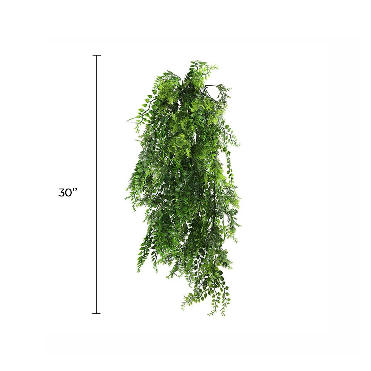 Dense tropical fern artificial hanging plant, 30 inches tall, UV resistant, lush green foliage, perfect for indoor or outdoor decor.