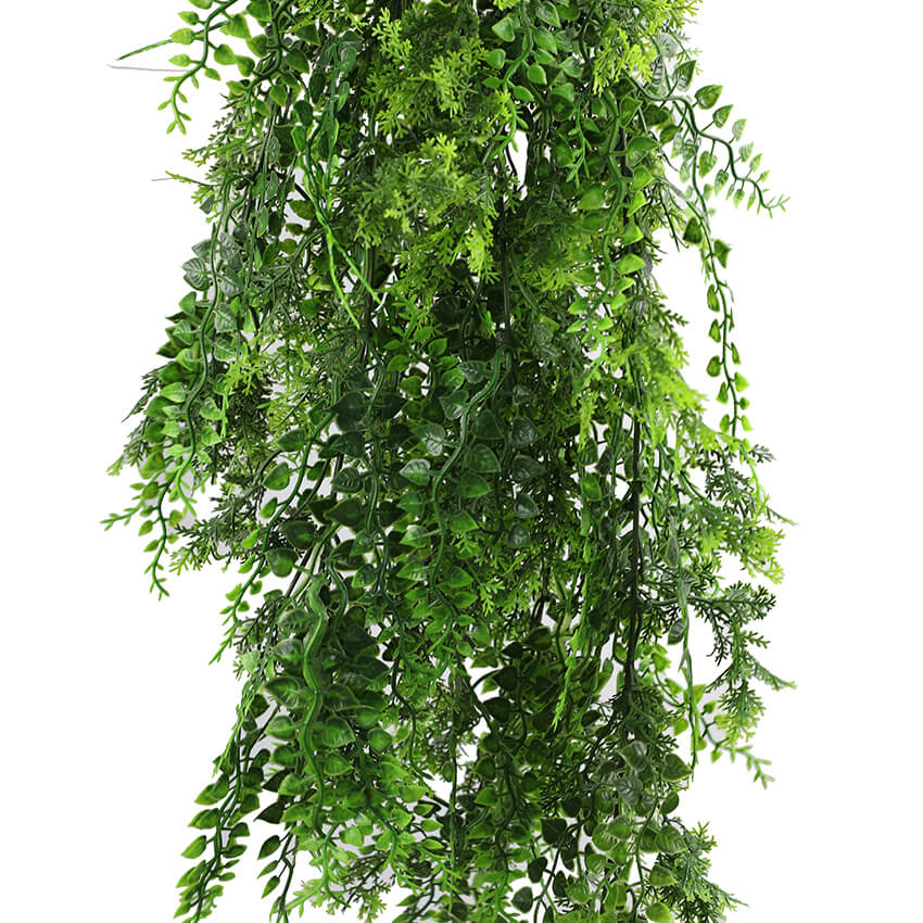 Dense tropical fern artificial hanging plant, 30 inches tall, UV resistant, with lush green fronds for indoor or outdoor decor.