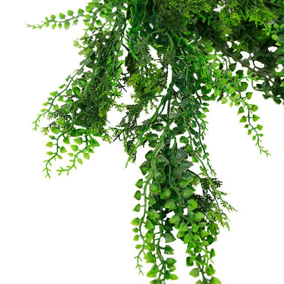 Artificial dense tropical fern hanging plant, 30 inches tall, UV resistant, from Designer Plants USA, ideal for outdoor decor