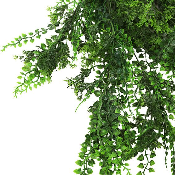 Dense tropical fern artificial hanging plant, 30 inches tall, UV resistant, perfect for outdoor decor, by Designer Plants USA.