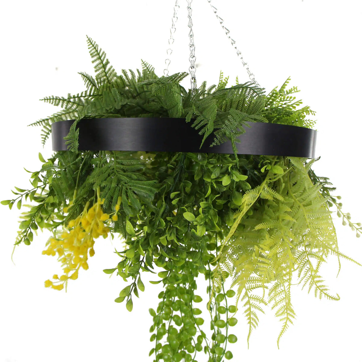 Black-framed 25-inch UV-resistant draping artificial hanging plant disc with lush, life-like greenery for roof decor.
