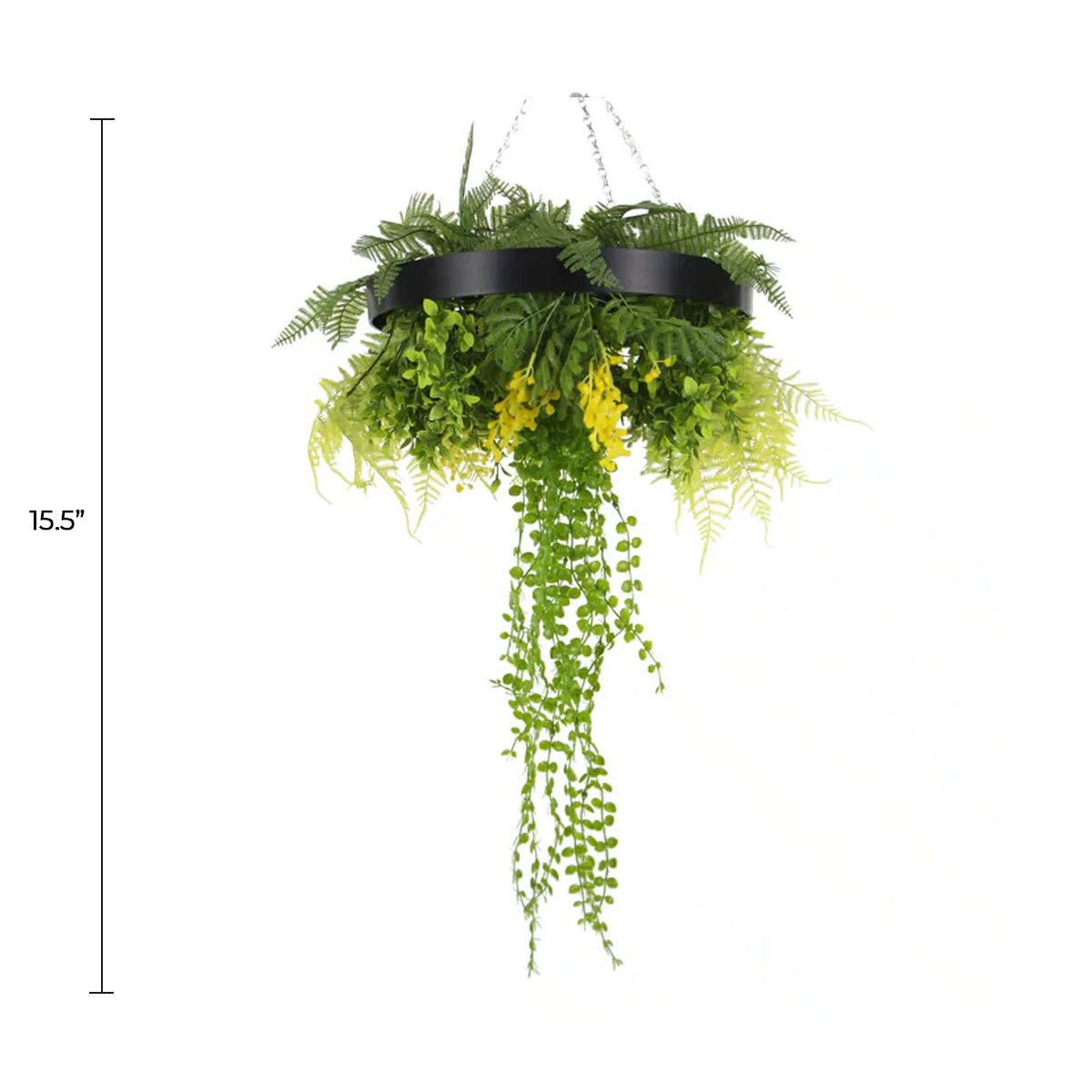 Black-framed 25-inch draping artificial hanging plant disc with UV-resistant faux plants for roof decor by Designer Plants USA.