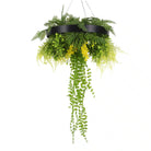 Black-framed 25-inch UV-resistant draping artificial hanging plant disc with lifelike greenery for roof decor.