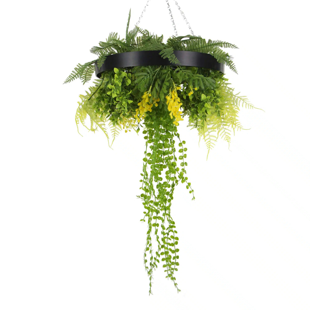 Black-framed 25-inch UV-resistant draping artificial hanging plant disc with lifelike greenery for roof decor.