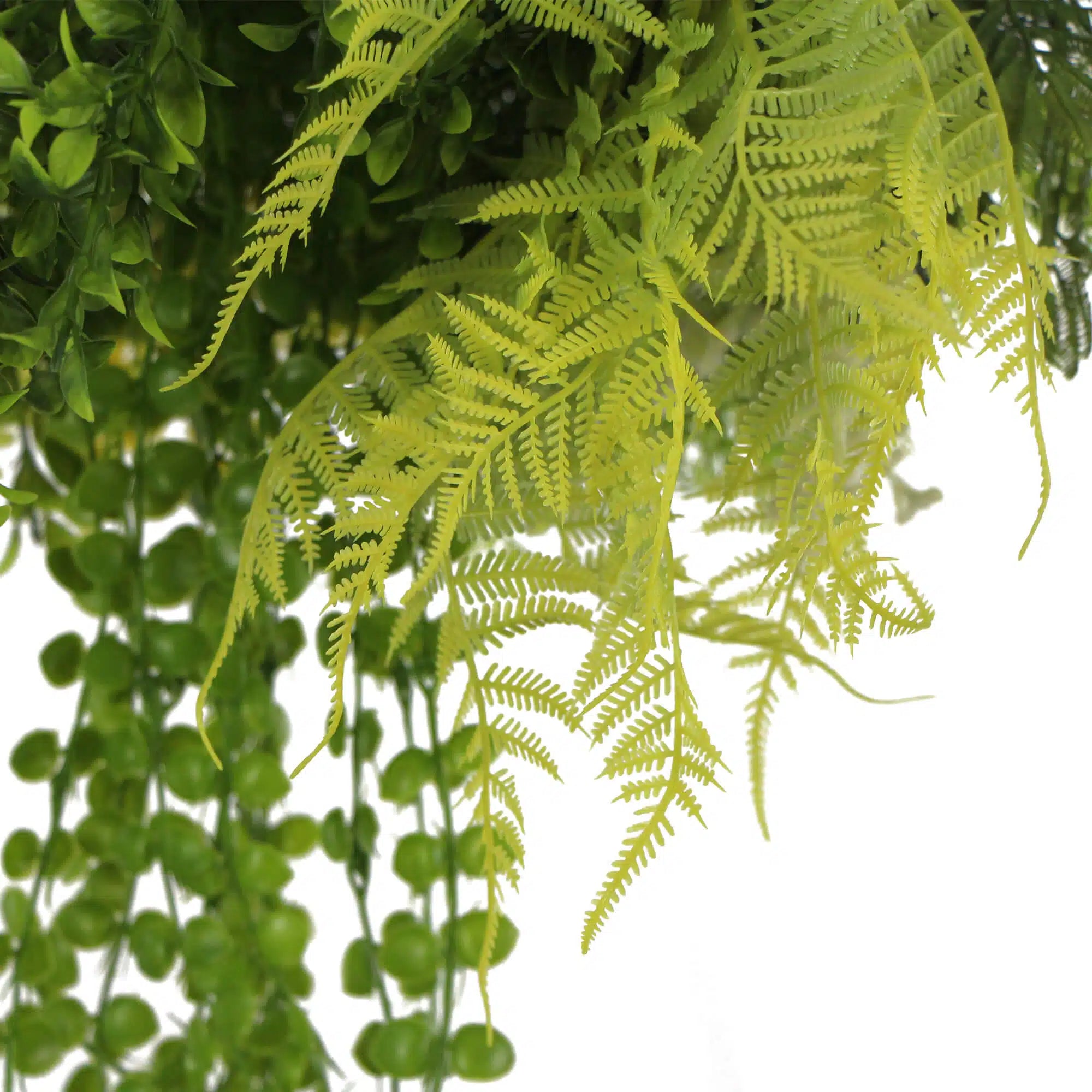Close-up of black-framed 25-inch draping artificial roof hanging disc with UV-resistant, life-like faux plants from Designer Plants USA