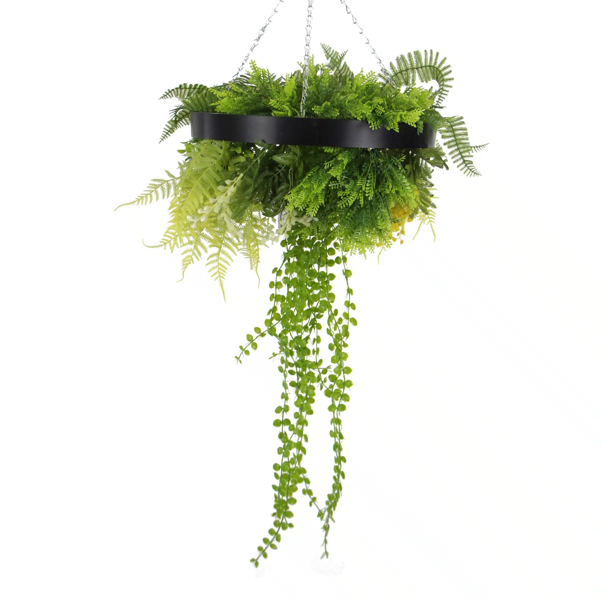 Black-framed draping artificial roof hanging disc with lush, life-like ferns and plants, UV resistant for outdoor decor.