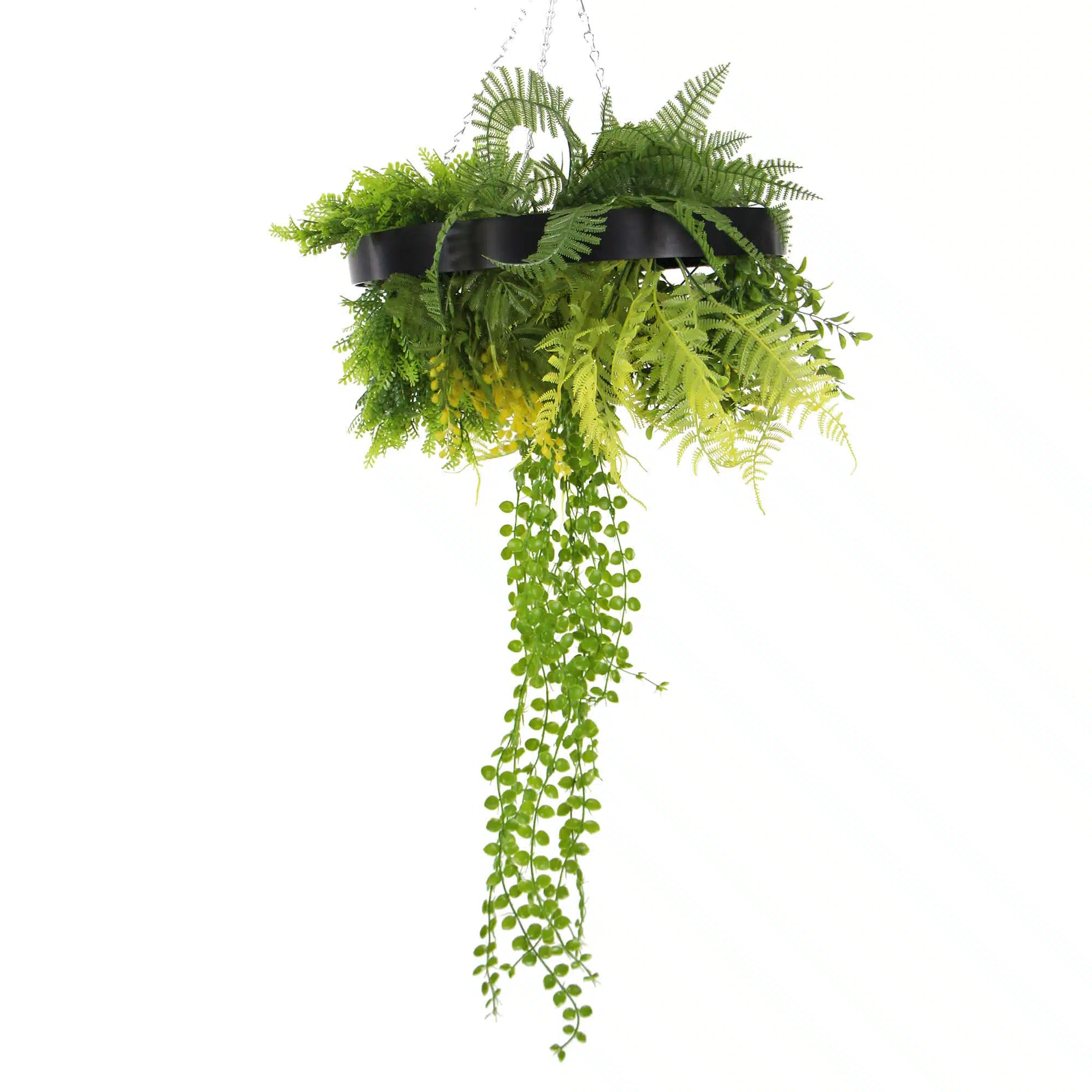 Close-up of a black-framed draping artificial roof hanging disc with lifelike succulents, UV resistant for outdoor decor.