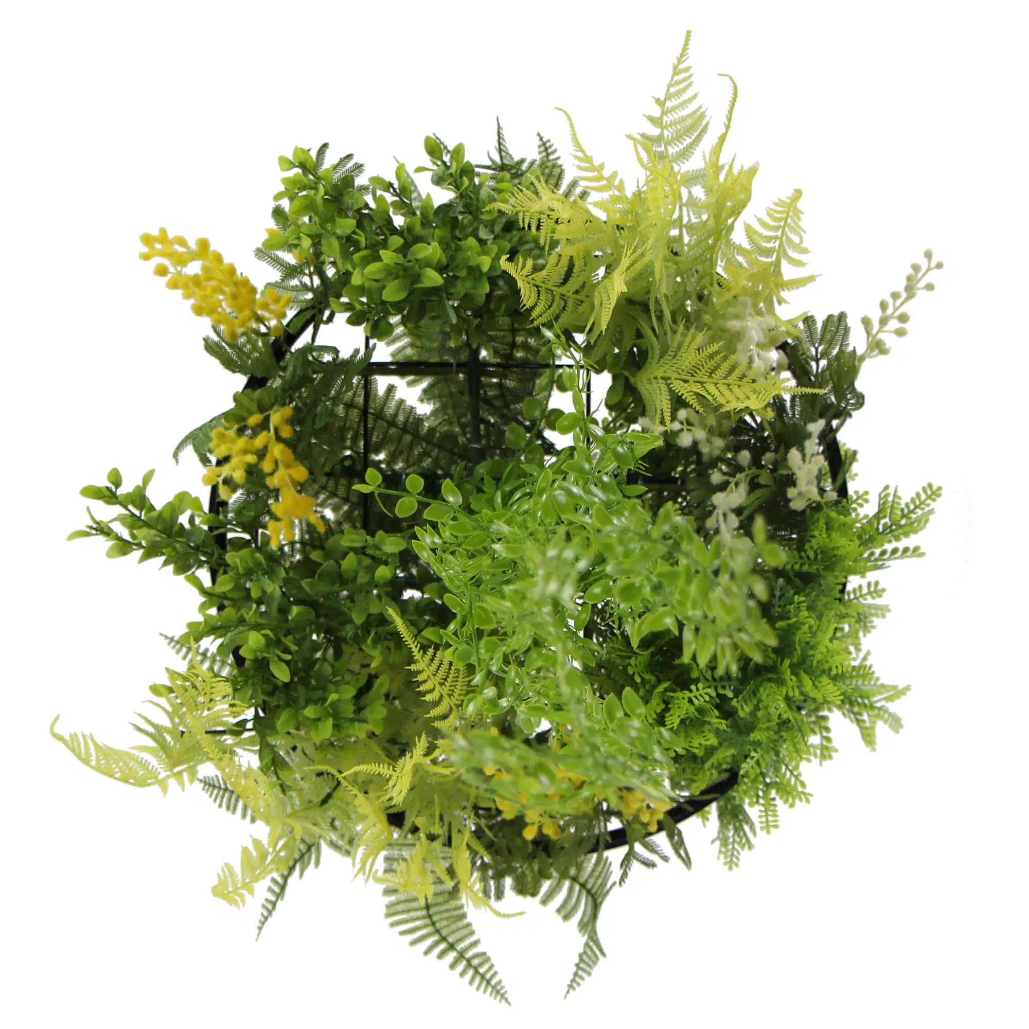 Close-up of black-framed draping artificial hanging roof disc with UV-resistant, lifelike plants from Designer Plants USA.