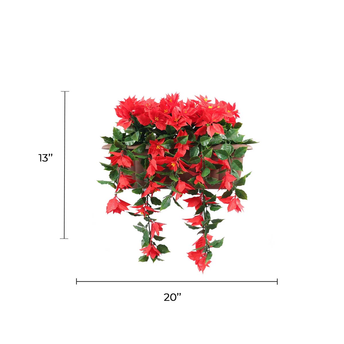 Draping artificial poinsettia in a window box planter, UV resistant outdoor faux hanging plant by Designer Plants USA.