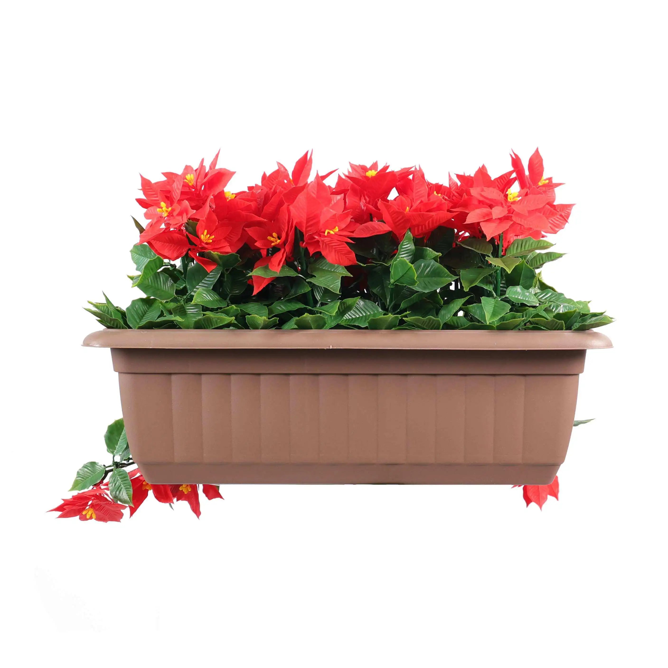 Back view of Designer Plants USA artificial draping poinsettia window box planter, 20x14 inches, UV resistant, hanging faux plant.