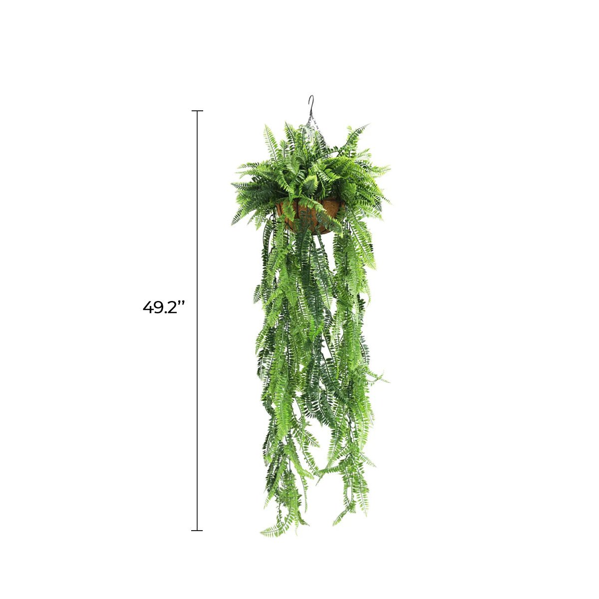 Artificial hanging fern basket from Designer Plants USA, UV resistant, 13.8x49.2 inches, realistic green fern for outdoor decor.