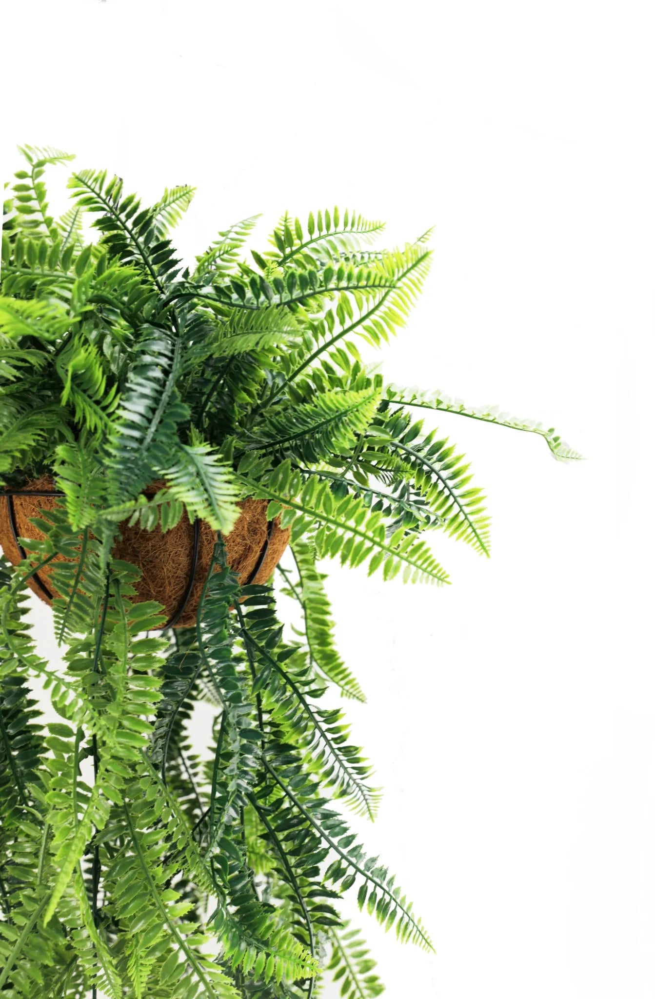 Artificial fern hanging basket from Designer Plants USA, UV resistant, measuring 13.8x49.2 inches, suitable for outdoor decor.
