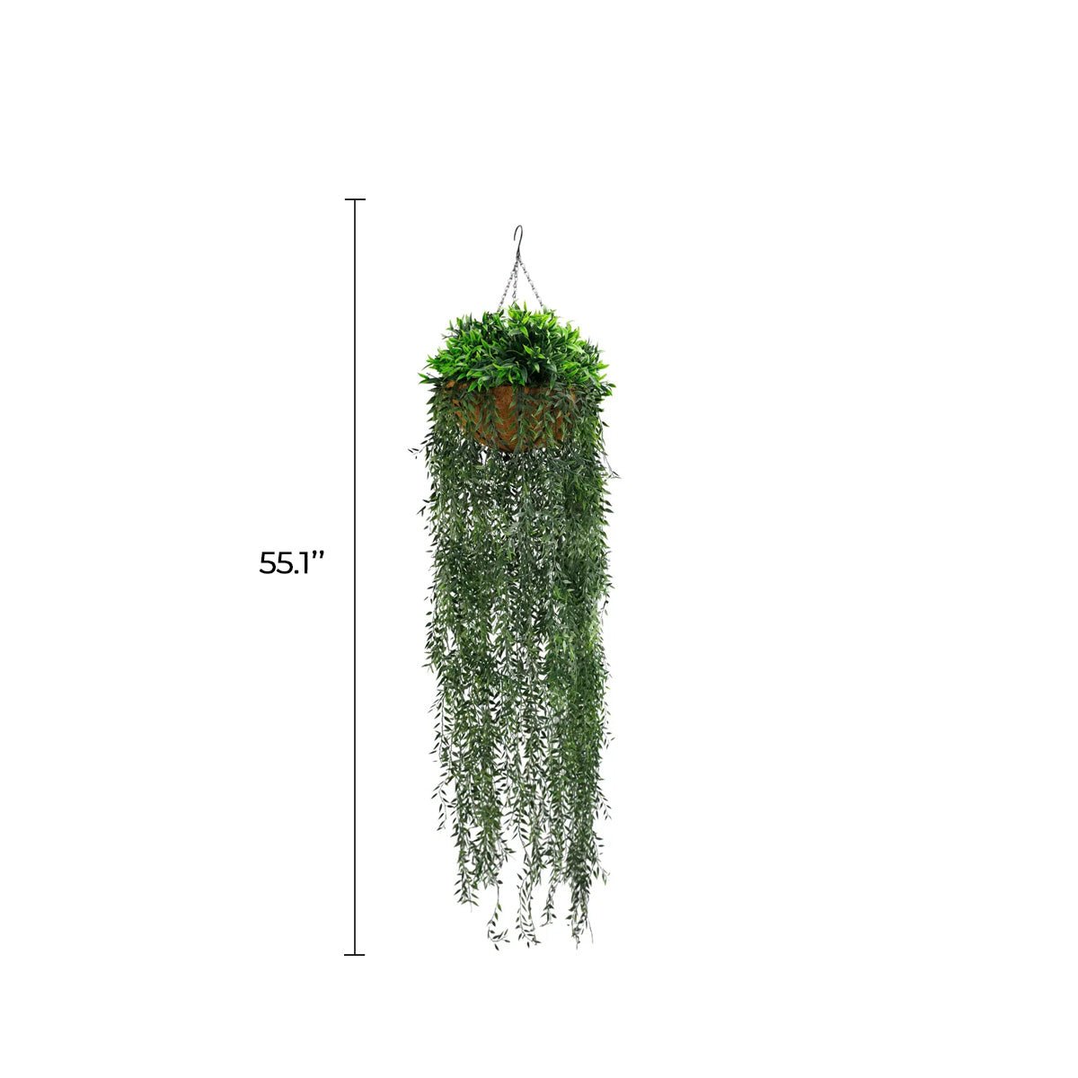 Artificial hanging fern basket by Designer Plants USA, UV resistant, 13.8x55.1 inches, lush green faux plant for outdoor decor.