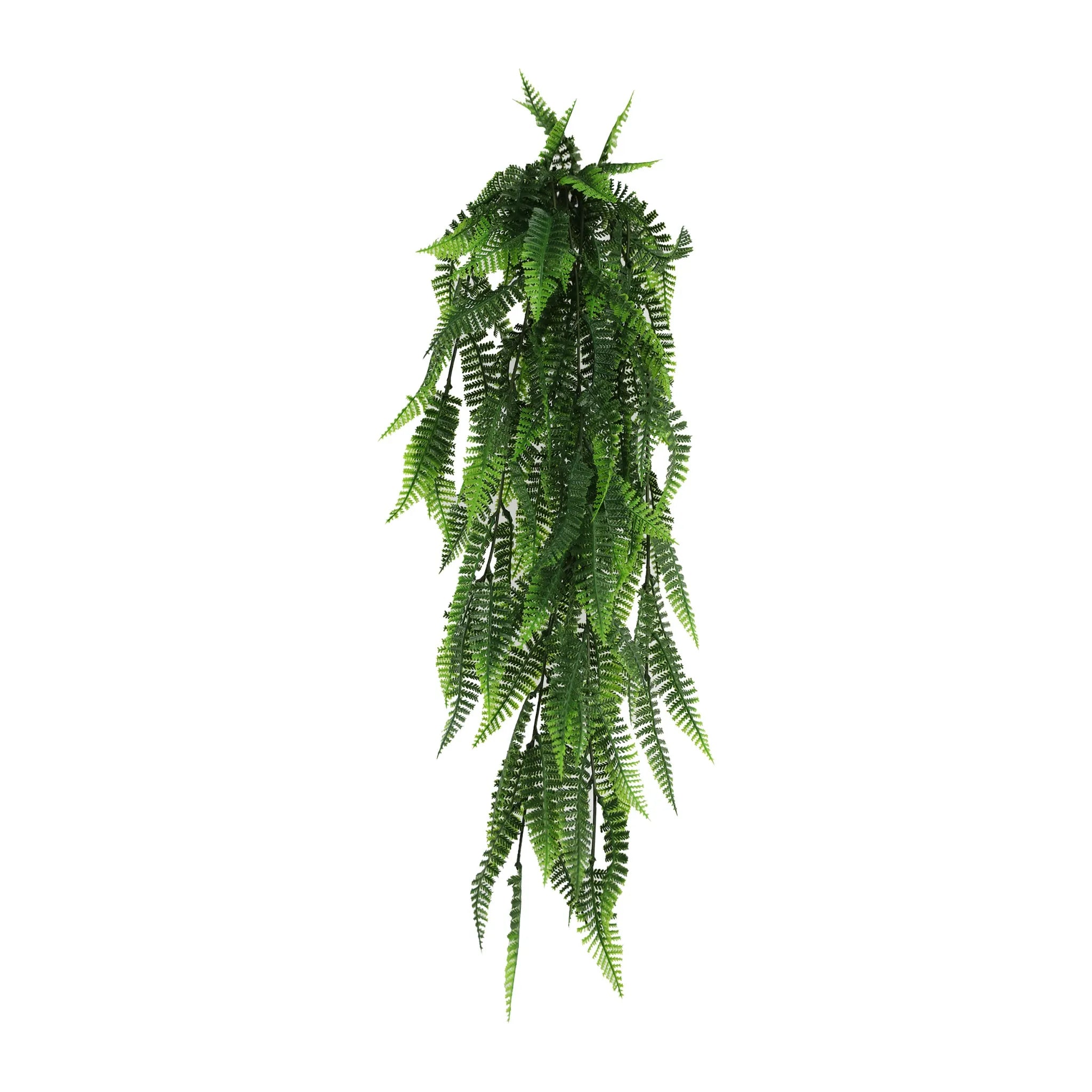 Artificial fern garland hanging bush from Designer Plants USA, UV resistant and NFPA701 fire-rated, measures 7.1×30 inches.