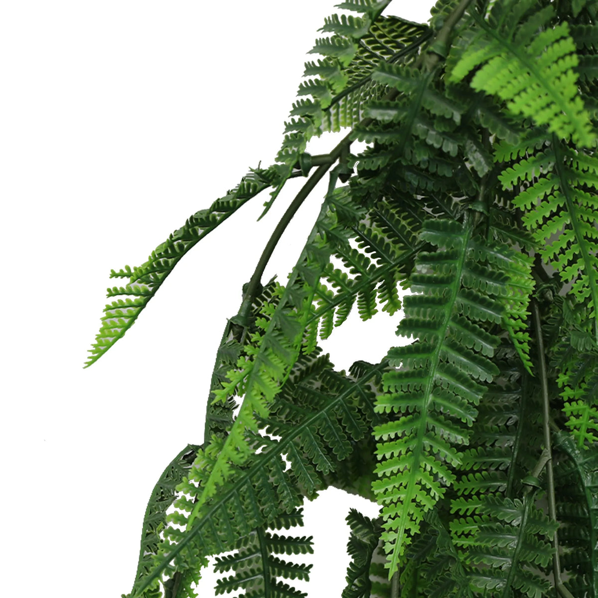 Artificial fern garland hanging bush from Designer Plants USA, UV resistant and fire-rated, measures 7.1x30 inches.