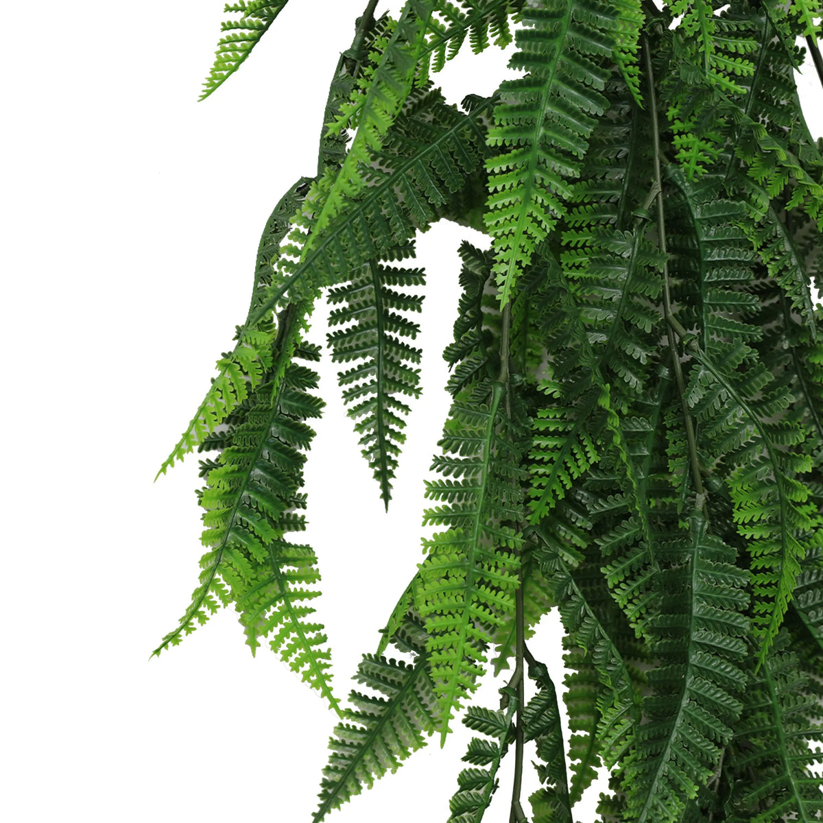 Artificial fern garland hanging bush, UV resistant and fire-rated, 7.1x30 inches, from Designer Plants USA.