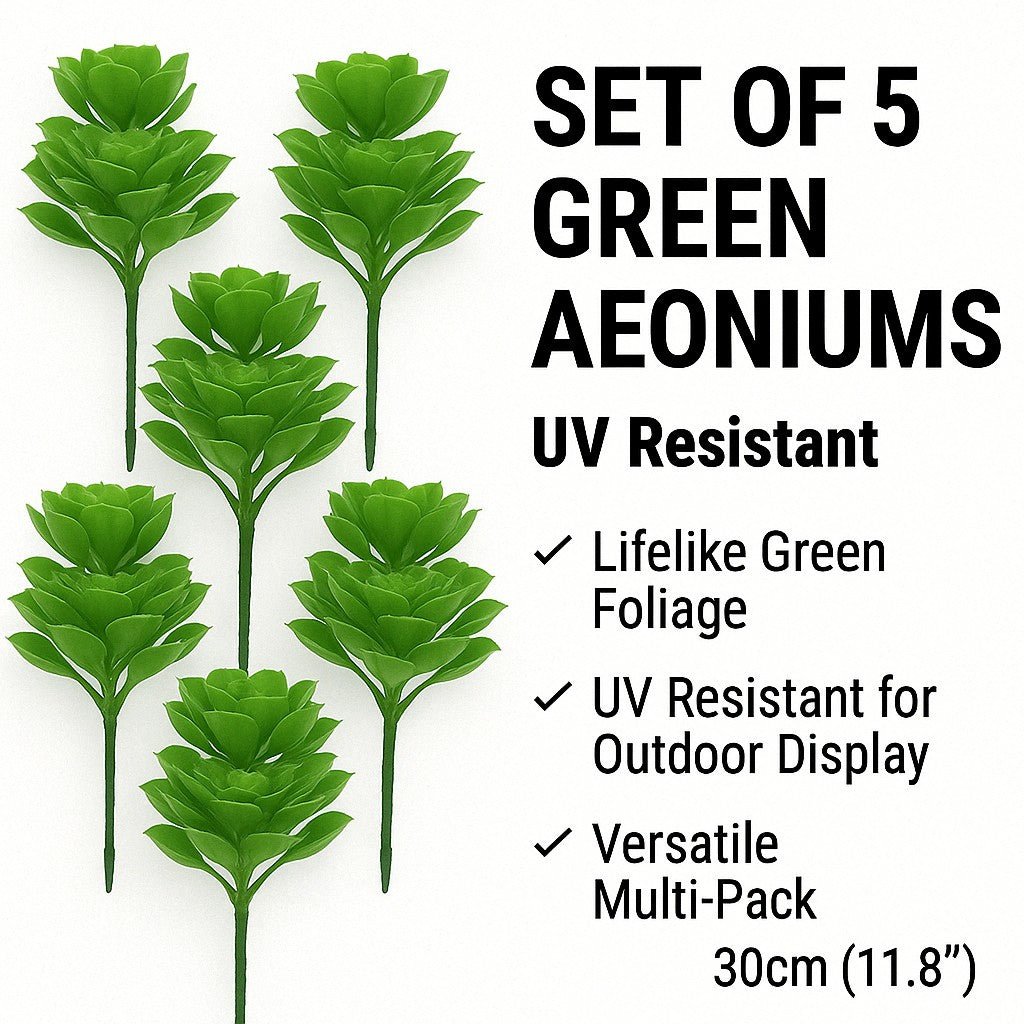 Set of 5 green artificial Aeoniums succulents topiary, 11.8 inches, UV resistant outdoor hanging plants from Designer Plants USA
