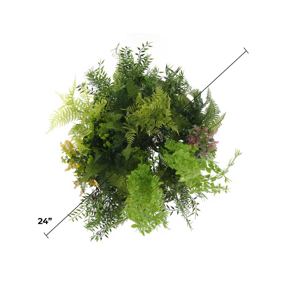 Imitation gold artificial hanging green wall disc by Designer Plants USA, UV resistant, 24-inch decorative outdoor wall plant.