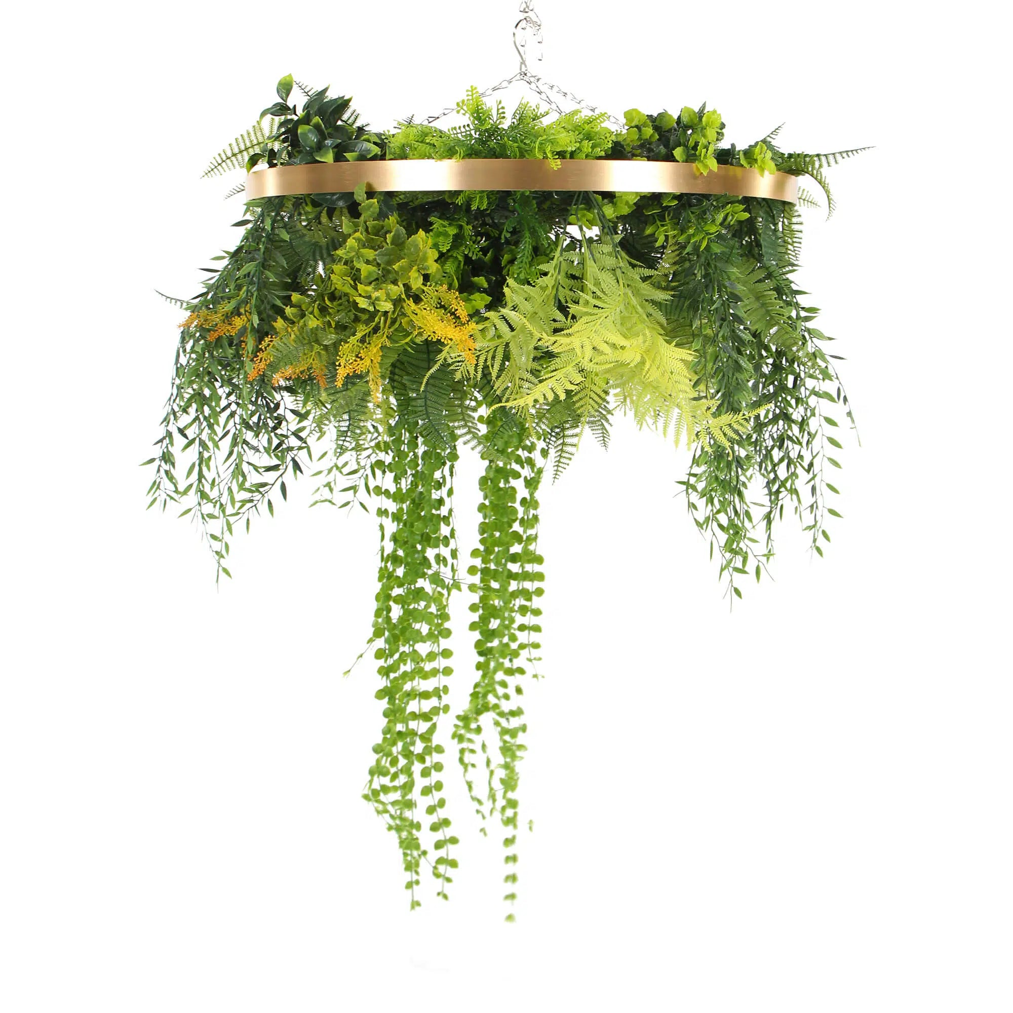 Artificial hanging green wall disc with imitation gold finish, UV resistant, 24-inch Designer Plants USA, suitable for outdoor decor
