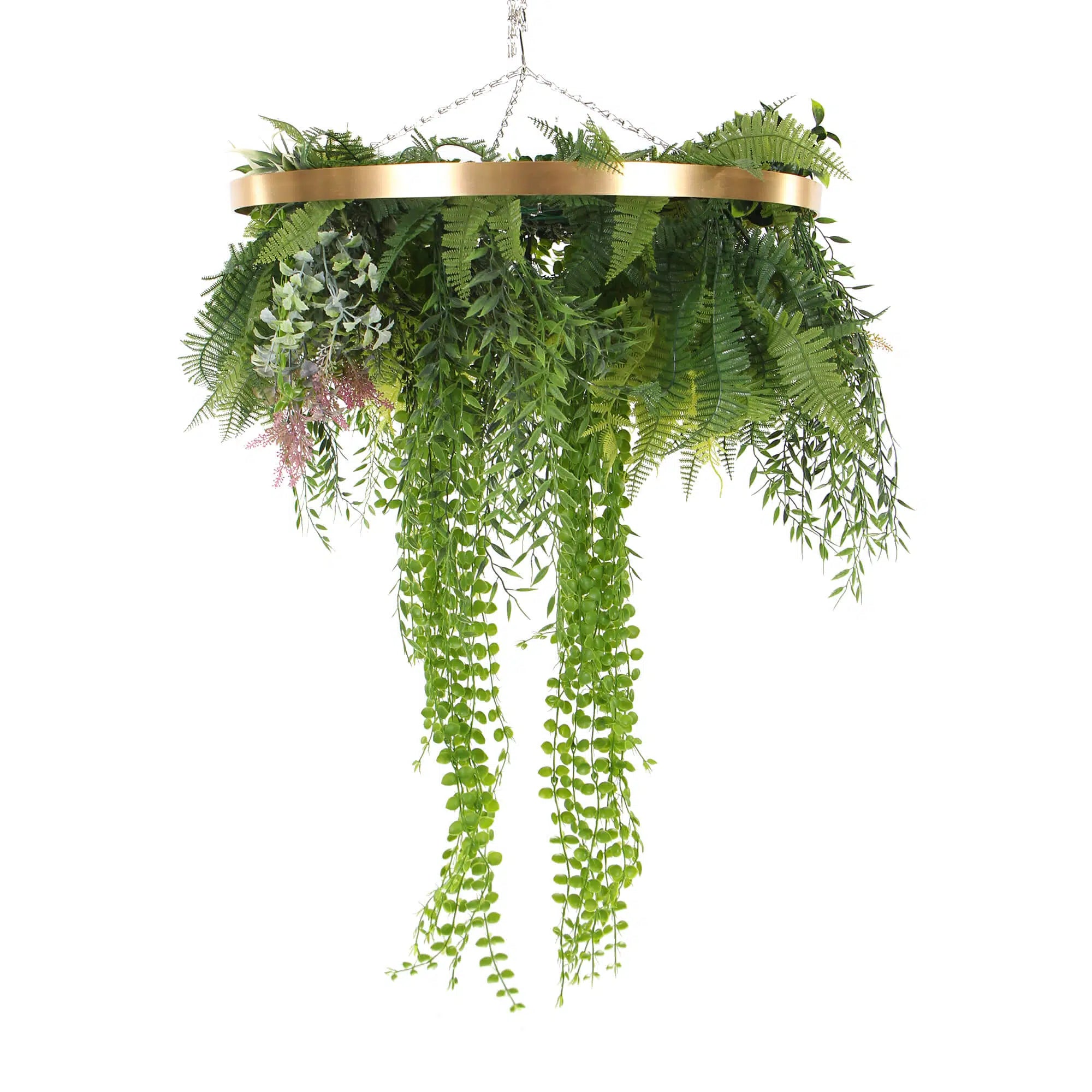 Artificial hanging green wall disc in imitation gold, 24 inches, UV resistant, from Designer Plants USA for indoor or outdoor decor.