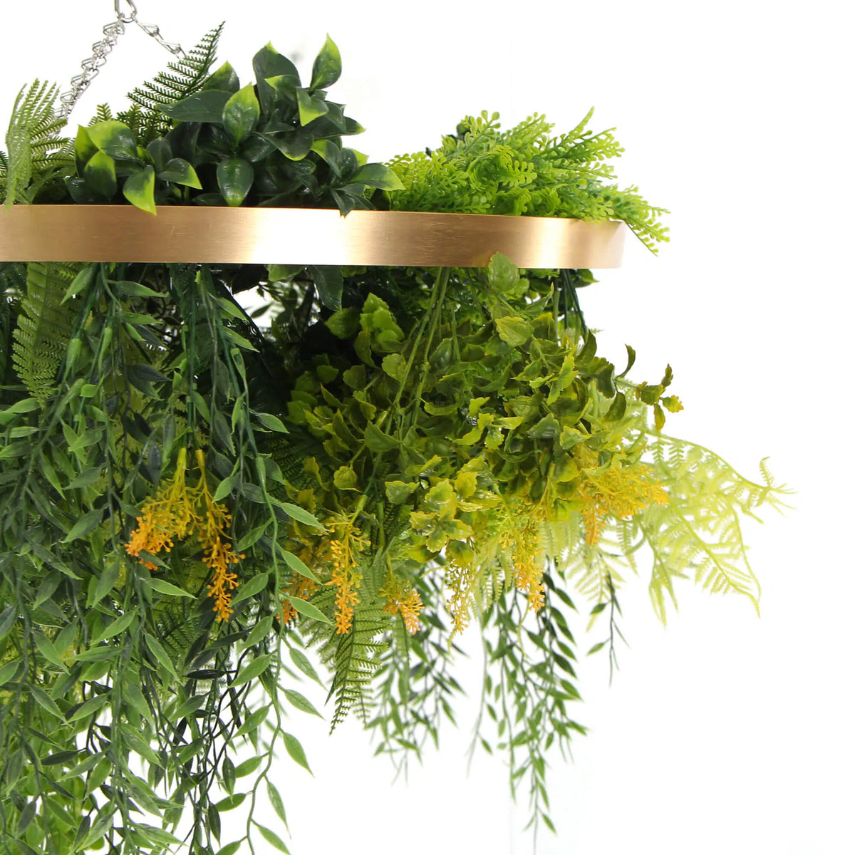 Artificial hanging green wall disc in imitation gold, 24 inches, UV resistant, from Designer Plants USA, perfect for decorative outdoor spaces.