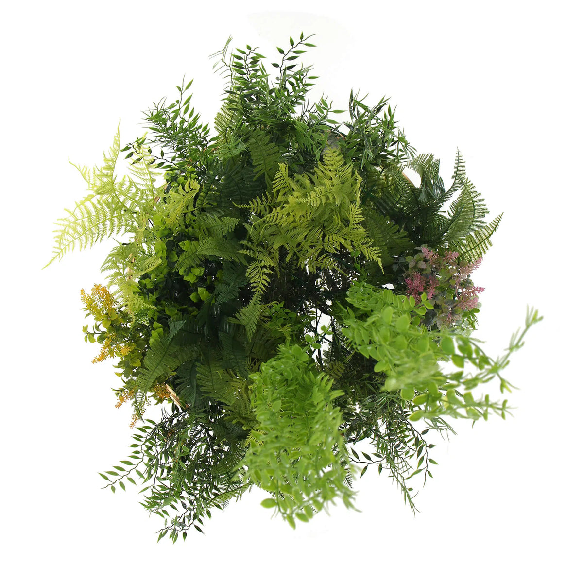Artificial hanging green wall disc in imitation gold, 24 inches, UV resistant, from Designer Plants USA.