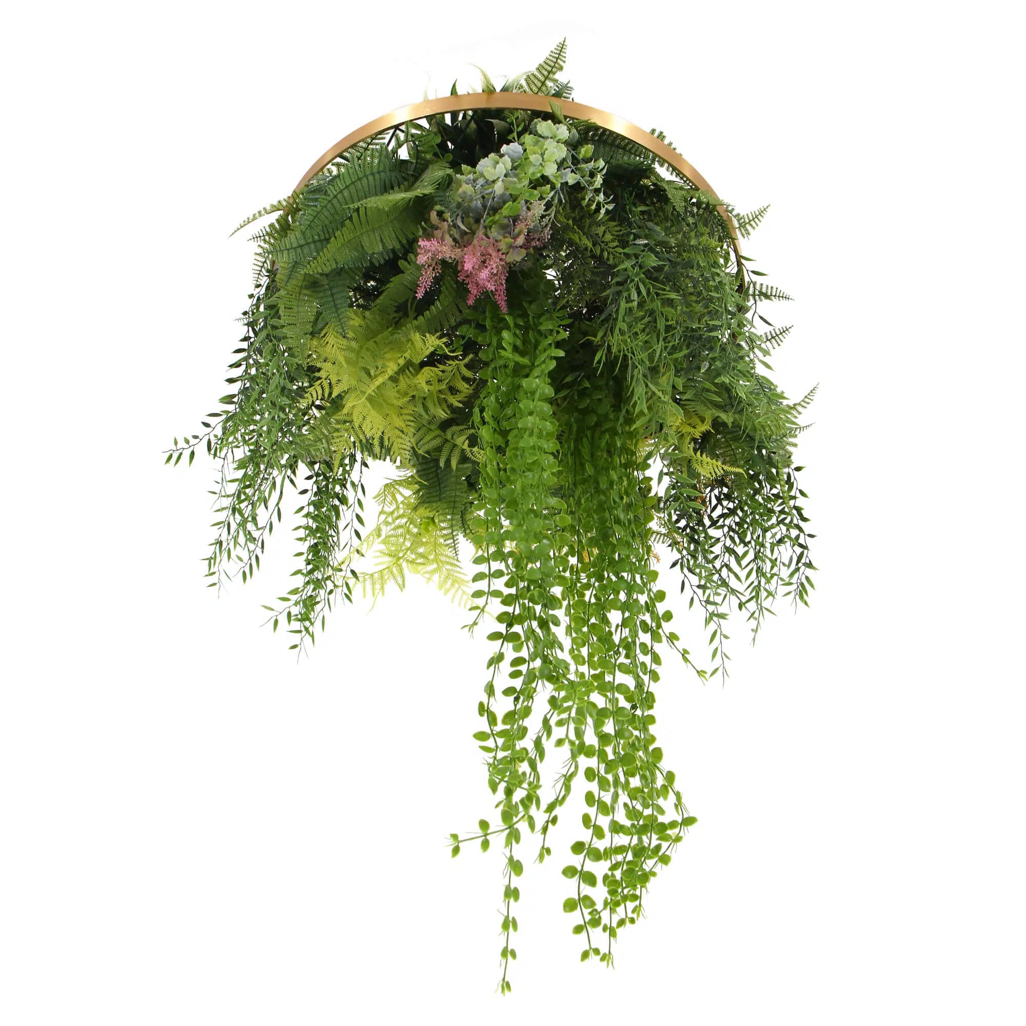 Artificial hanging green wall disc in imitation gold, 24 inches, UV resistant, perfect for lush, low-maintenance decor.