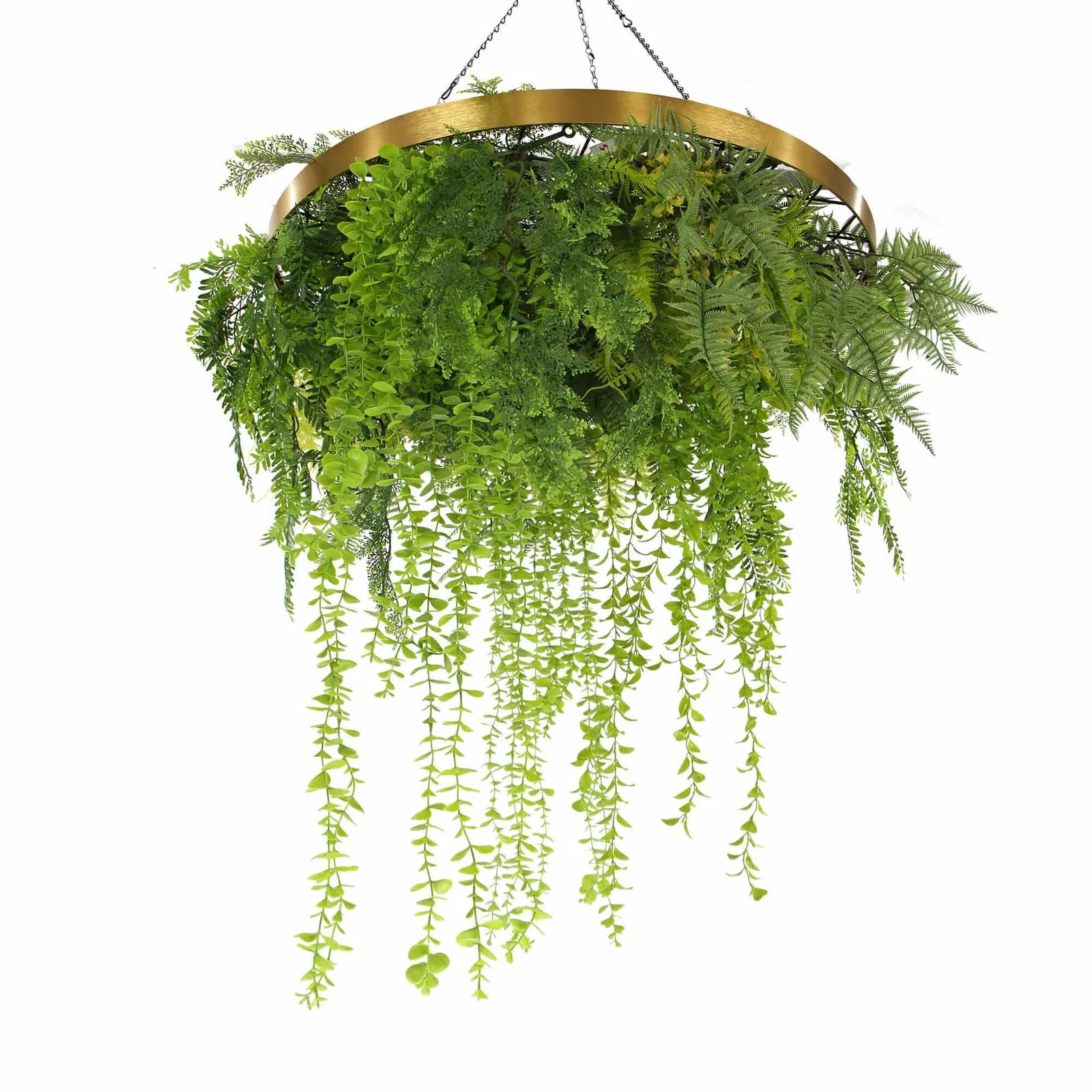 Artificial hanging green wall disc with gold frame, UV resistant, 32 inches, ideal for vertical garden decor by Designer Plants USA