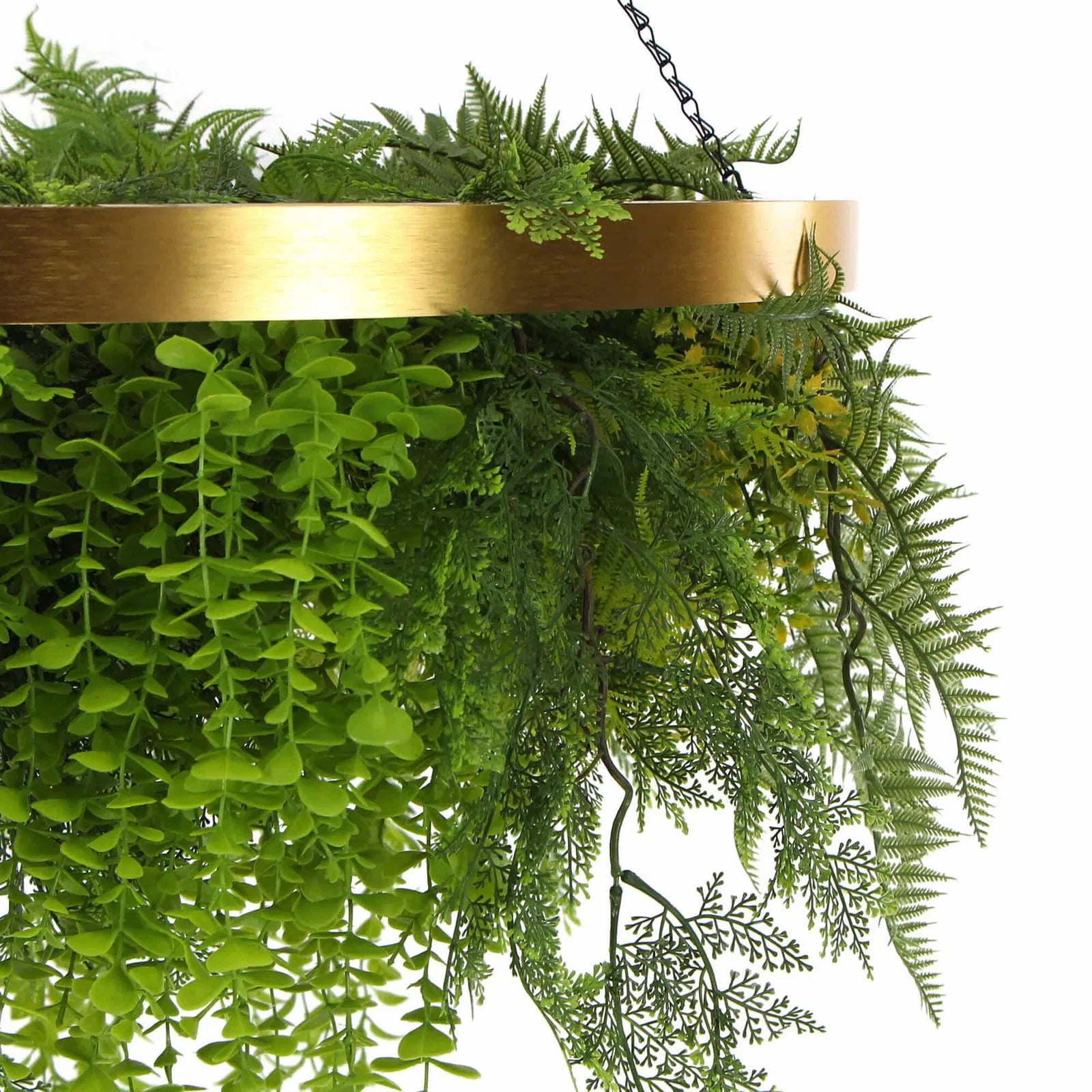 Imitation gold hanging green wall disc with artificial plants in a gold frame, UV resistant, 32-inch outdoor decor by Designer Plants USA