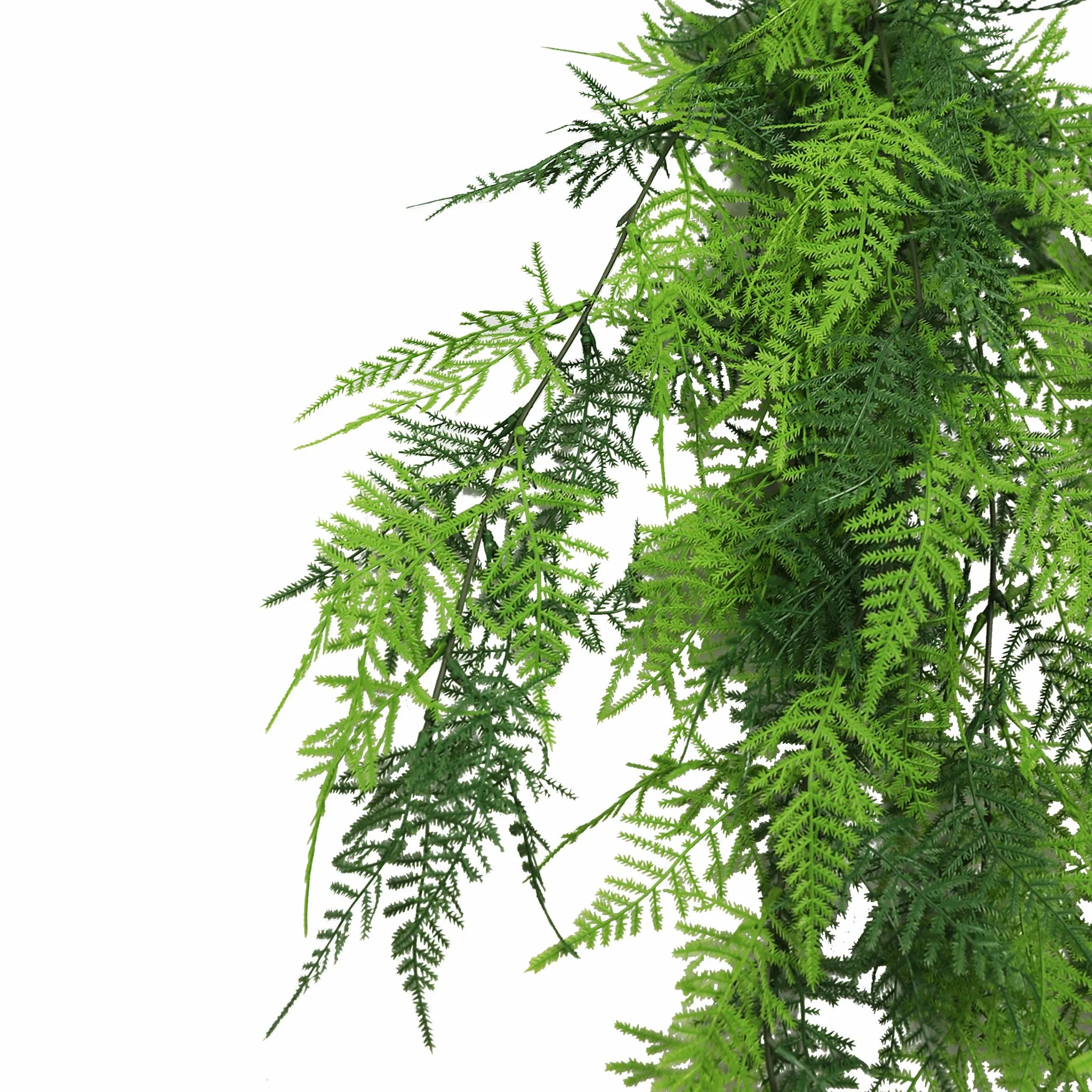 Artificial Lace Fern Garland hanging bush, UV resistant and fire-rated, 5.9x30 inches, from Designer Plants USA.