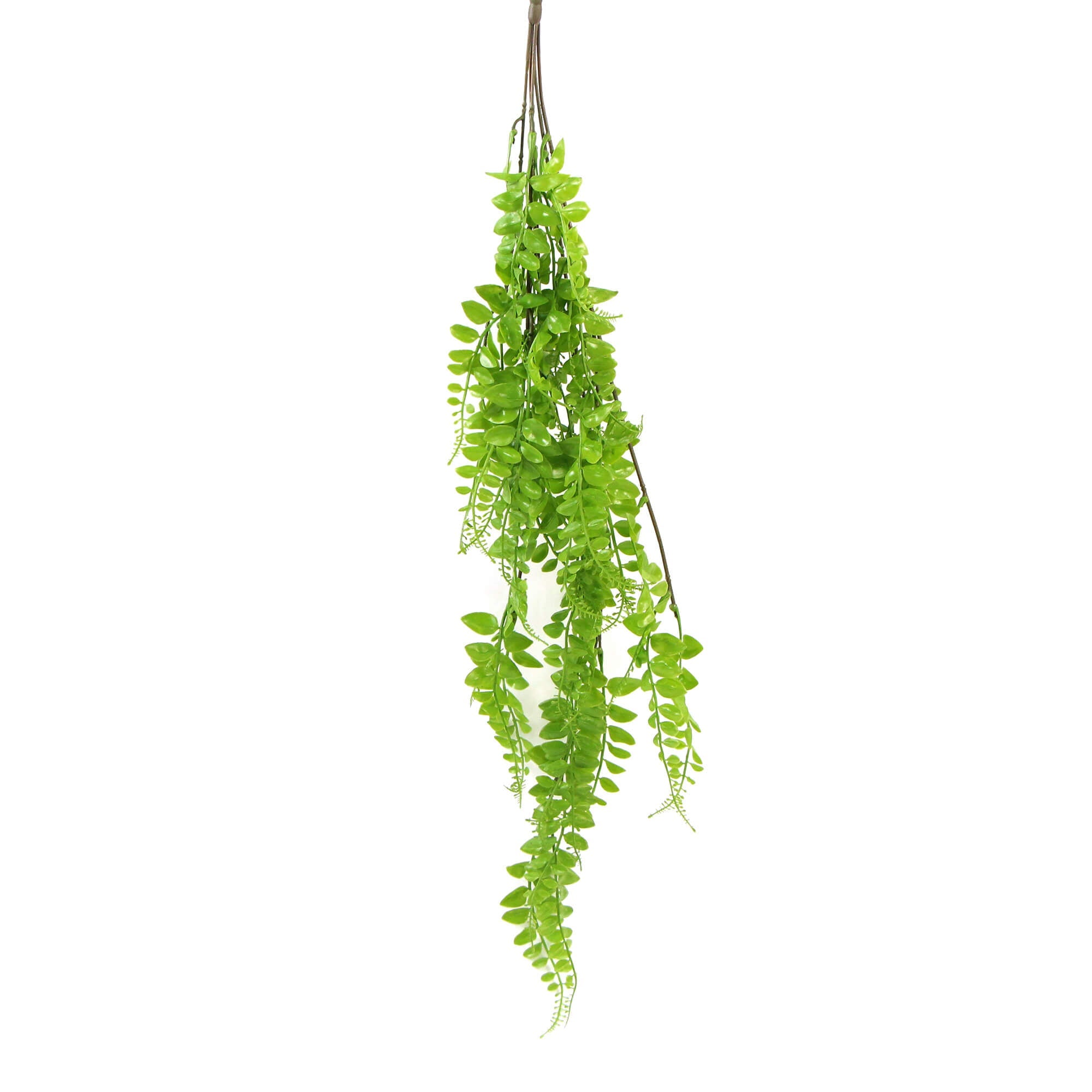Light green artificial button fern hanging plant, 31 inches, UV resistant, from Designer Plants USA, showcasing lush, realistic foliage.