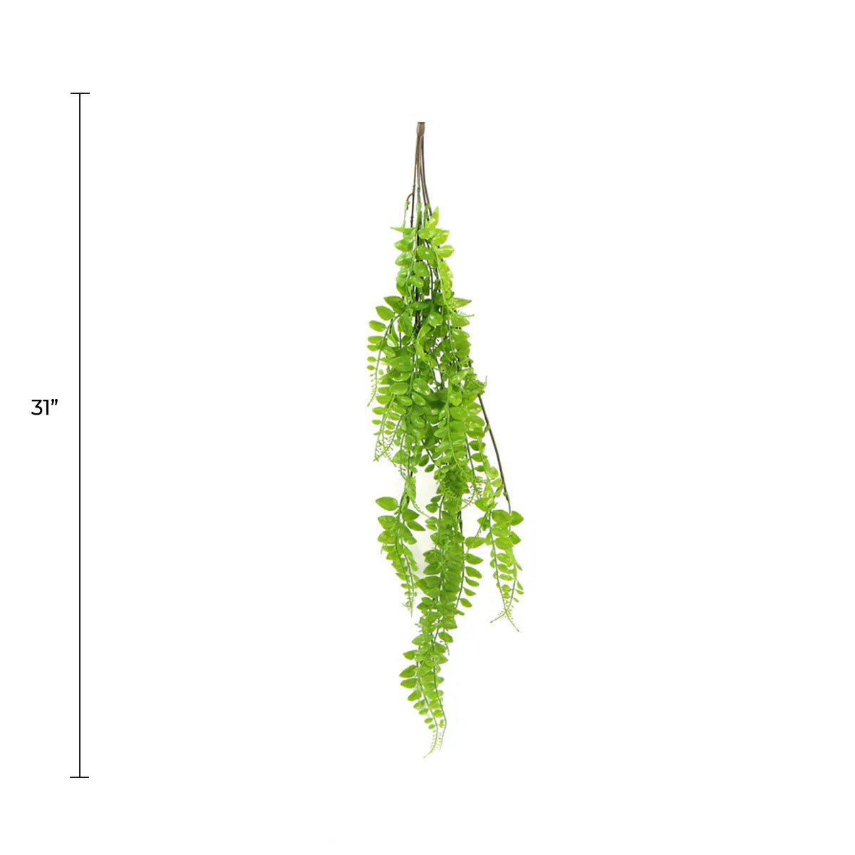 Light green artificial button fern hanging plant, 31 inches tall, UV resistant for outdoor use, by Designer Plants USA.