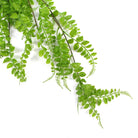 Light green artificial button fern hanging plant with long leaves, UV resistant, 31 inches tall, designed for indoor or outdoor decor.