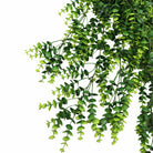 Artificial lush green eucalyptus garland hanging bush, UV resistant and fire-rated, measures 7.1x30.5 inches from Designer Plants USA.