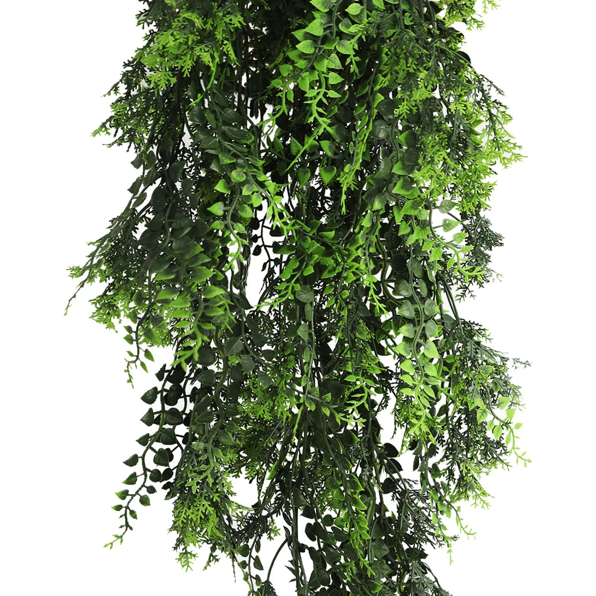 Artificial Mediterranean Fern Vine hanging plant by Designer Plants USA, UV resistant, fire-rated, 8.6x30 inches, realistic greenery.