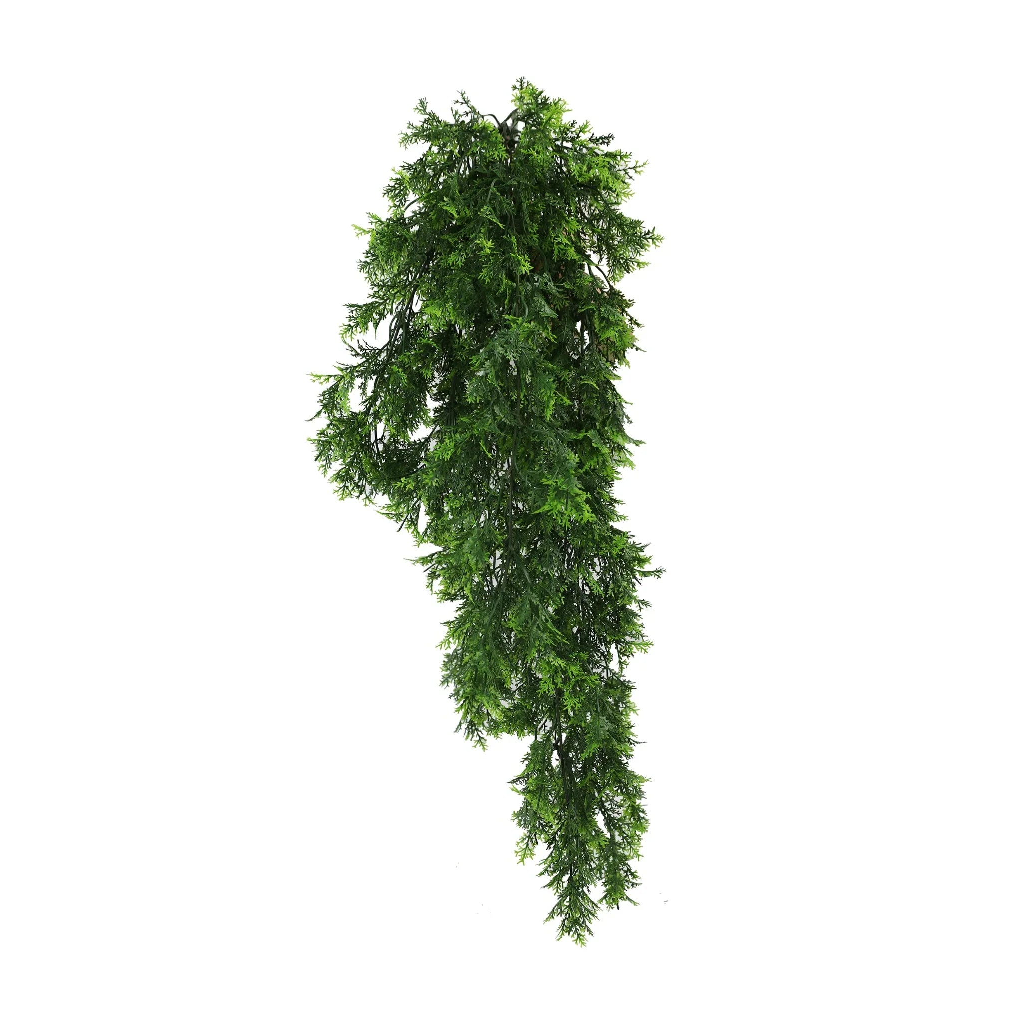 Artificial Mossy Cedar Vine Garland by Designer Plants USA, UV resistant hanging bush, fire-rated, 8.6x30 inches.