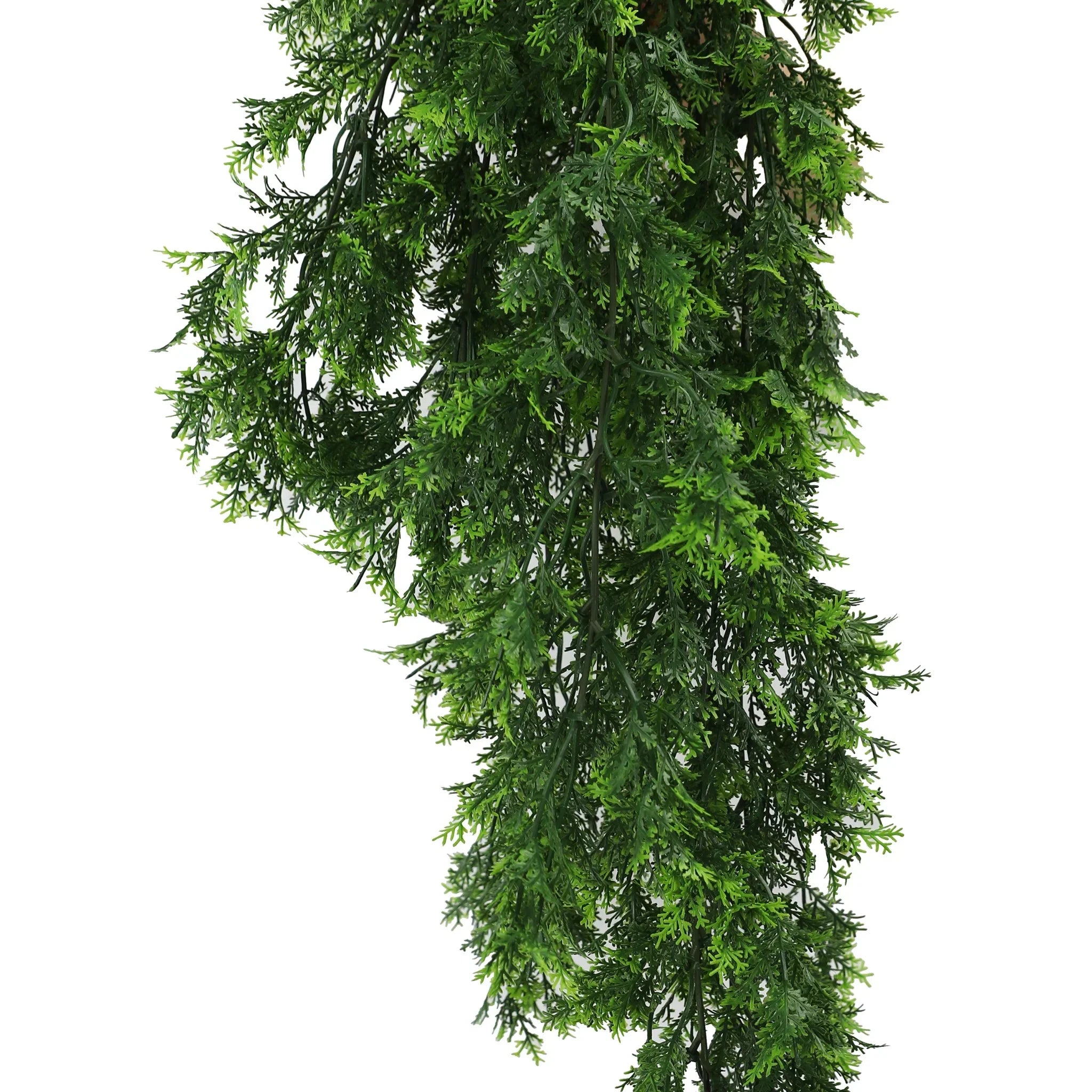 Artificial mossy cedar vine garland by Designer Plants USA, UV resistant hanging bush, 8.6x30 inches, fire-rated NFPA701.