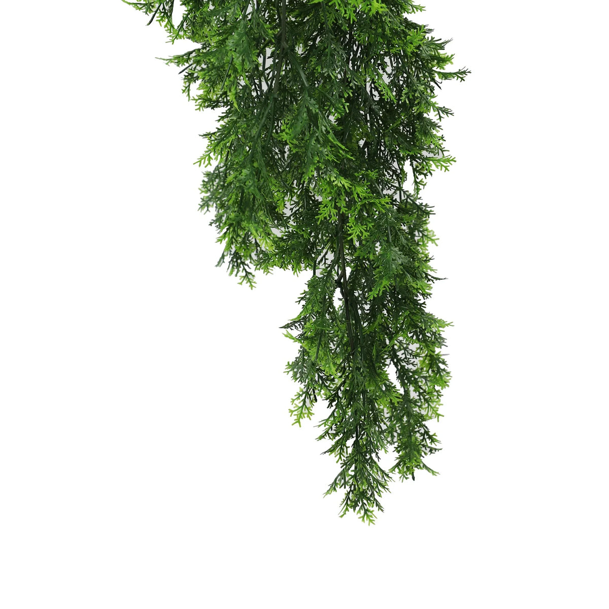 Artificial mossy cedar vine garland by Designer Plants USA, UV resistant hanging bush, fire-rated NFPA701, measures 8.6x30 inches.