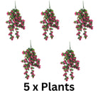 Set of five pink Bougainvillea artificial hanging plants, 35 inches tall, UV resistant, ideal for outdoor decorating.