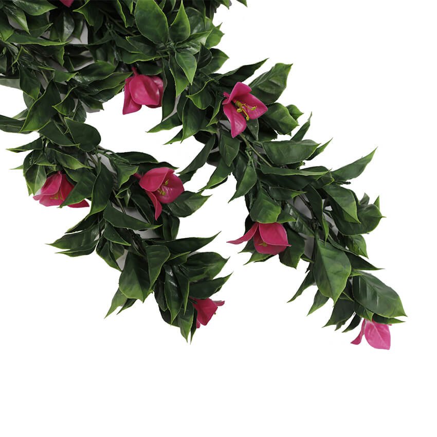 Set of 5 pink bougainvillea artificial hanging plants, 35 inches tall, UV resistant, from Designer Plants USA.