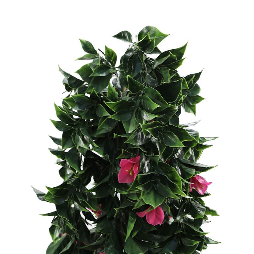 Set of five pink bougainvillea artificial hanging plants, 35 inches tall, UV resistant, perfect for outdoor decor.