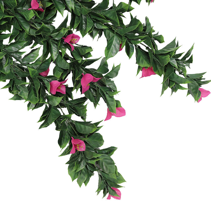 Set of five 35-inch pink bougainvillea artificial hanging plants with UV-resistant foliage for outdoor decoration.