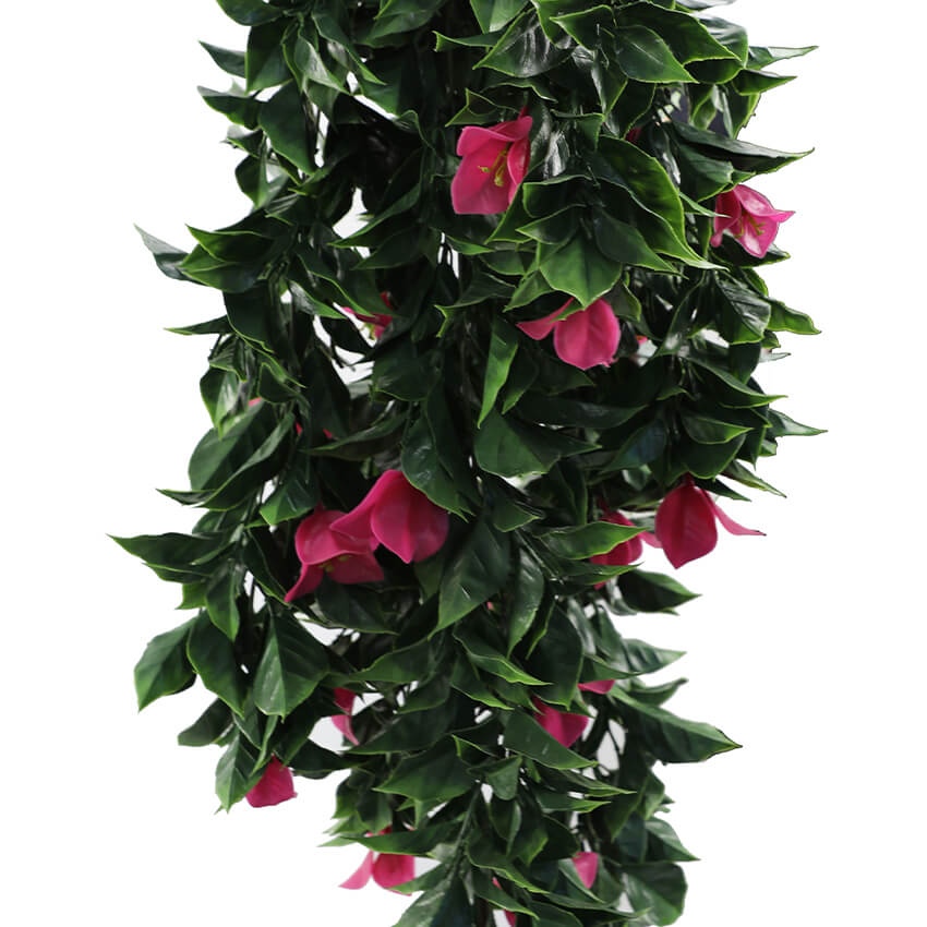 Set of 5 pink bougainvillea artificial hanging plants, 35 inches, UV resistant, perfect for outdoor decor by Designer Plants USA.