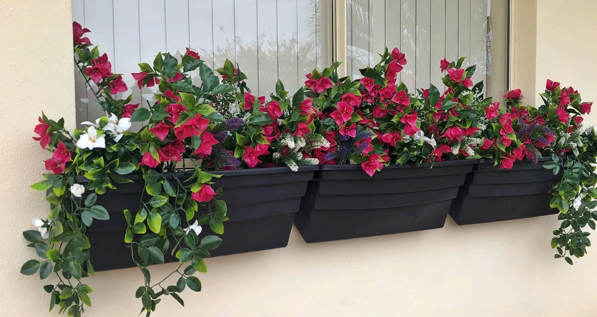 Set of five pink Bougainvillea artificial hanging plants, 35 inches tall, UV resistant, from Designer Plants USA.